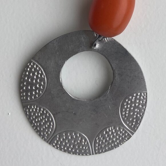 Black Beaded Necklace with Orange Beads & Silver Medallion - Picture 4 of 5